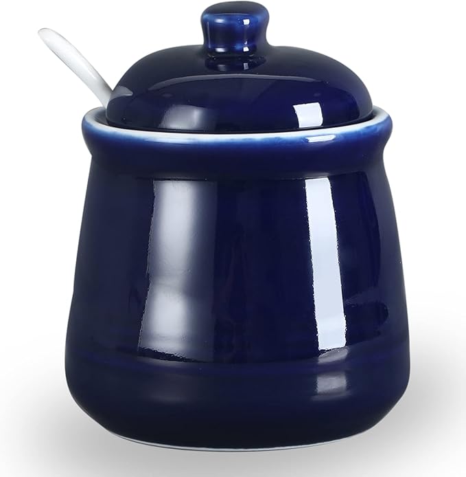 HAOTOP Porcelain Salt Bowl with Lid and Spoon,Ceramic Sugar Bowl 12oz (Navy)