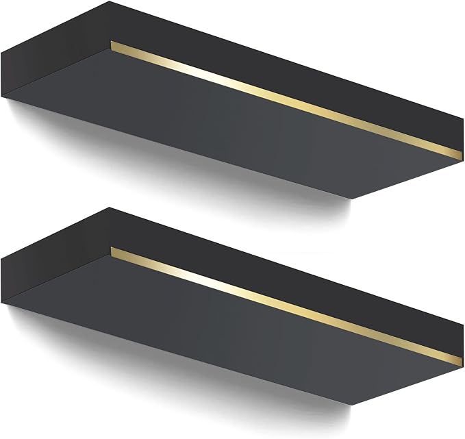 Thick 1.78 Inch Black and Gold Foating Shelves With Thicked 1/5 Inch Heavy Duty Bracket,Black Gold Shelf Pine Wood Long 36 ×7.87 Inch Wall Shelves With Stainless Steel Trim Strip for Bedroom Set of 2
