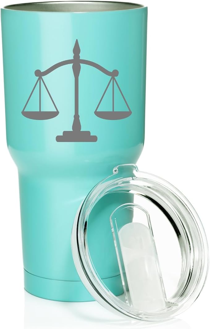 Smooth Body Tumbler Stainless Steel Vacuum Insulated Travel Mug Cup Gift Scales of Justice Lawyer Paralegal Judge (Teal, 30 oz)