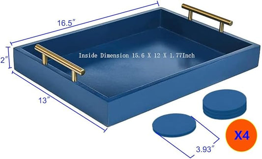 Serving Tray 16.5“X 13“Deluxe Wooden Ottoman Tray for Coffee Table with Polished Goldr Metal Handles and 4 Coasters, Living Room Bathroom Coffee Bar Organizer Modern Decorative Blue