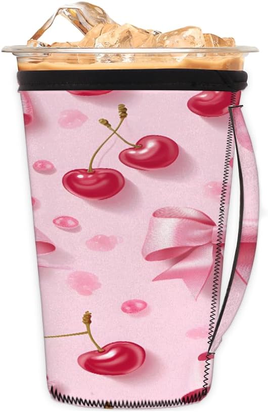 Reusable Iced Coffee Cup Sleeve Pink Bows Neoprene Insulated Sleeves Cup Holder with handle Idea for 16oz - 18oz