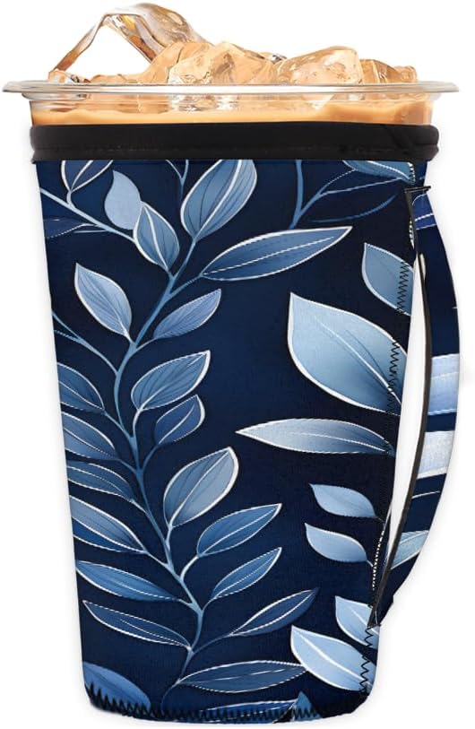 Reusable Iced Coffee Cup Sleeve Leaf Plants Neoprene Insulated Sleeves Cup Holder with handle Idea for 16oz - 18oz