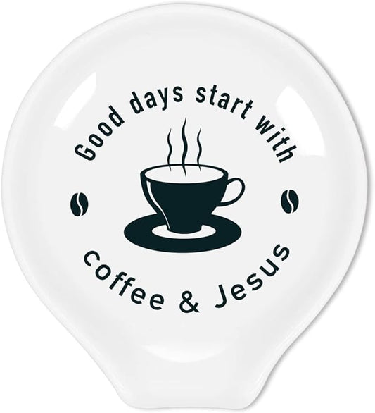 Funny Coffee Quote Ceramic Coffee Spoon Holder-Coffee Spoon Rest -Coffee Station Decor Coffee Bar Accessories-Coffee Lovers Gift for Women and Men (Good Days Start With Coffee and Jesus)