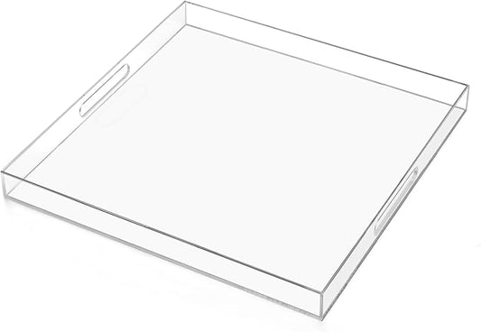 24×24 inches Oversized Clear Acrylic Ottoman Tray Extra Large Decorative Tray Spill-Proof Serving Trays with Handles King-Size Safe Edge Organizer for Coffee Table Countertop Breakfast