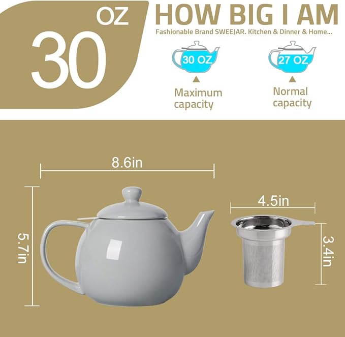 Sweejar Porcelain Teapot with Removable Stainless Steel Infuser,Microwave & Dishwasher Safe Tea Pots for Loose Tea,Tea Infuser Pots for Chrismas Women Gift (30oz Turquoise)