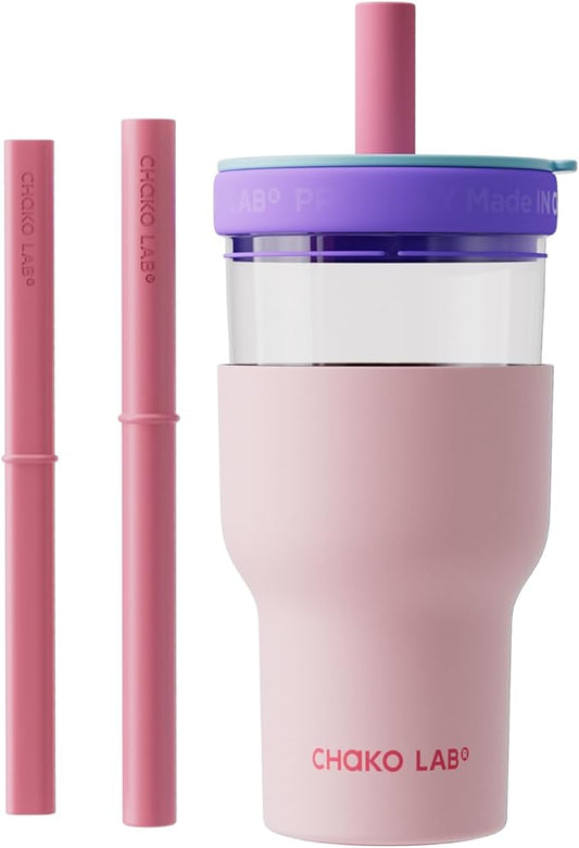 CHAKO LAB Insulated Stainless Steel Water Bottle | Dual-layer tumbler with Glass Linner and Stainsteel Linner | BPA-Free Leak Proof Thermos | 20oz Bottle with Two Straw | Pink & Purple