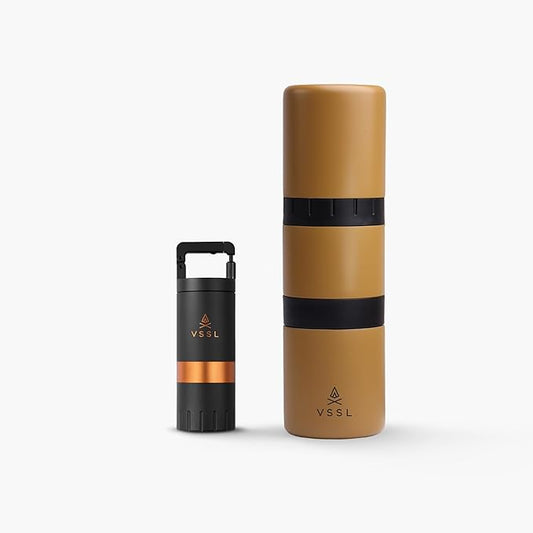 VSSL - Nest Pour Over Coffee Kit + Java G25 Bean Grinder Bundle | Coffee for Camping | Pour Over Dripper | Two 10oz Stainless Steel Travel Mugs | Sahara/Carbon