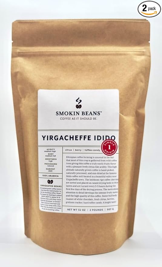 2-Pound Ethiopia Yirgacheffe Idido Natural, Unroasted Green Coffee Beans, Fresh Current Crop Specialty Grade, For Home Coffee Roasters