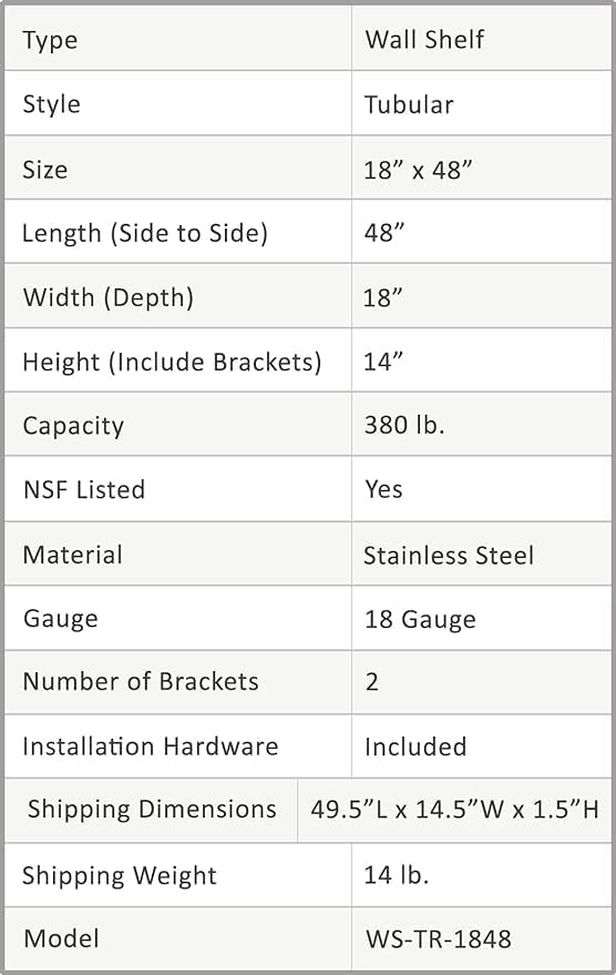 Premium Stainless Steel Tubular Wall Shelf – 48" L x 18" D | NSF Certified | Appliance & Equipment Shelf for Restaurant, Kitchen, Utility Room, Garage