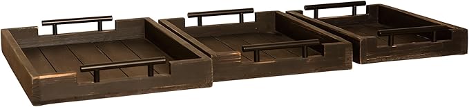 Coffee Table Tray Decorative Nested Vintage Wood Serving Tray Set for Eating, Breakfast, Party, Kitchen, Ottoman,Tea Coffee Table Large Ottoman Trays (Rustic Black, 3Pc)