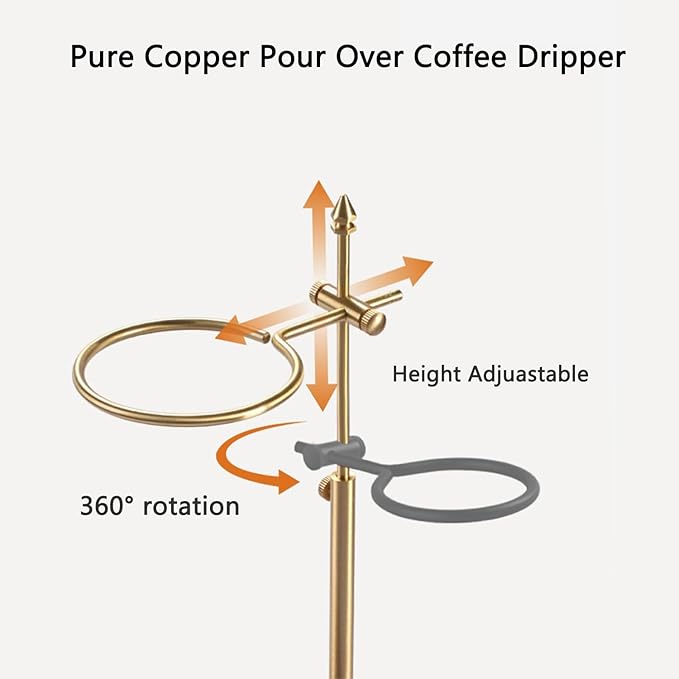 Pour Over Stand Coffee Station, Pure Copper Pour Over Coffee Dripper Height Adjustable Filter Stand with Walnut Wooden Base for Coffee Beer Drink Maker (pure copper with walnut base)