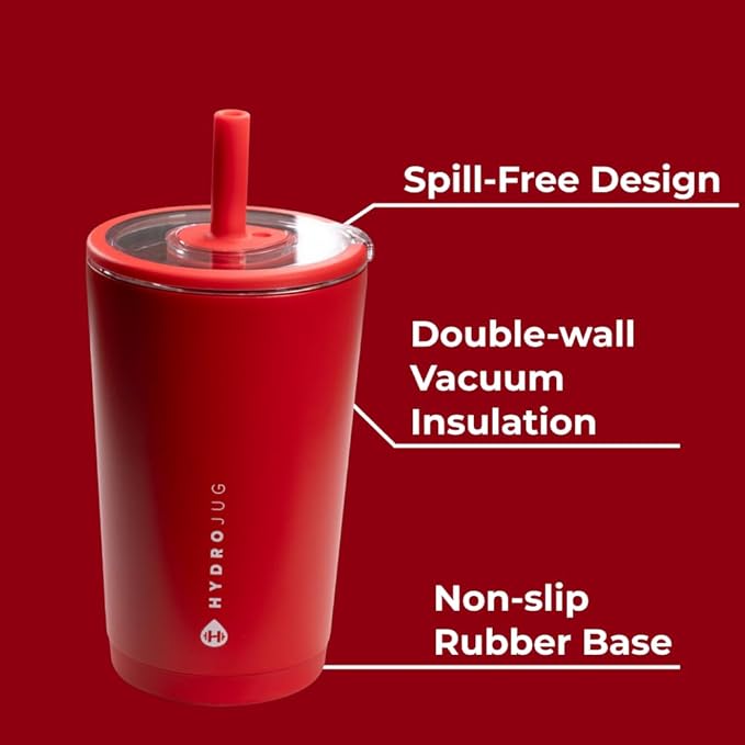 HydroJug Everyday Tumbler 20 oz – Ceramic-Lined Insulated Tumbler with Straw and Soft-Touch Lid, Cup Holder Friendly, Double-Wall Vacuum Insulation, Reusable Travel Cup – Alumni Red