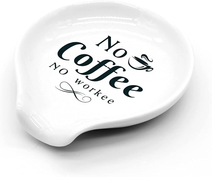 Funny Coffee Quote Ceramic Coffee Spoon Holder-Coffee Spoon Rest -Coffee Station Decor Coffee Bar Accessories-Coffee Lovers Gift for Women and Men (No Coffee No Workee)