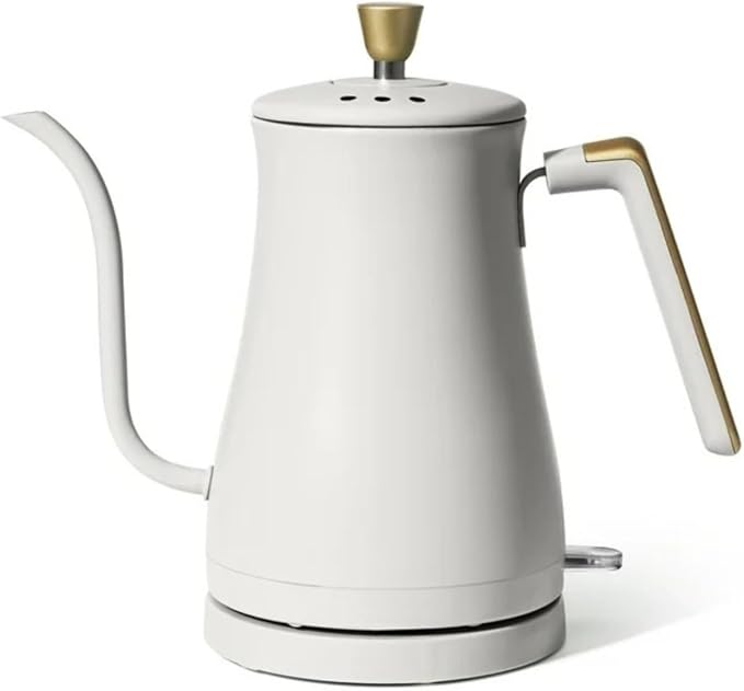 Electric Gooseneck Kettle 1 Liter 1200W, Stainless Steel, Pour Over Coffee Tea, Auto Shut-Off, 360° Cordless Power Base (White Icing)