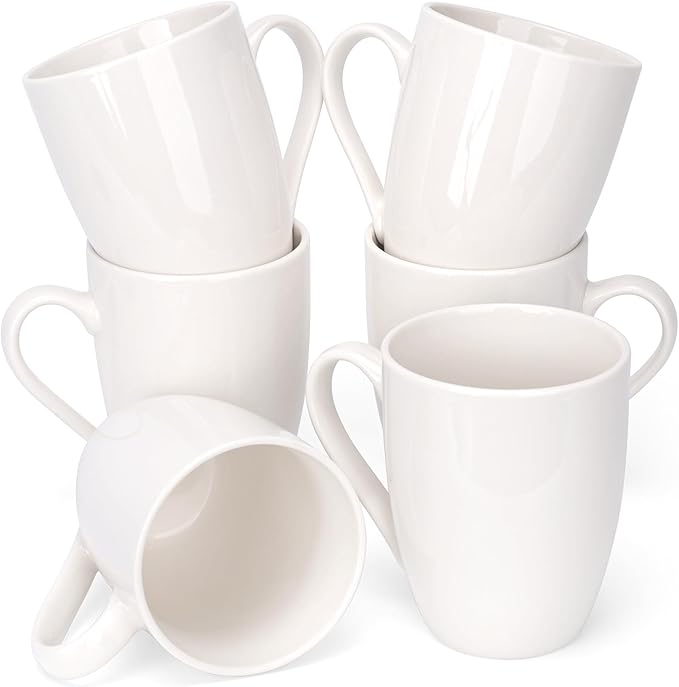 6 Pack Ceramic Coffee Mugs Set, 12 OZ Porcelain Coffee Cups with Handle, Hot Tea, Americano, Mocha, Milk, Latte, Snow, Dishwasher and Microwave Safe, Set of 6 White