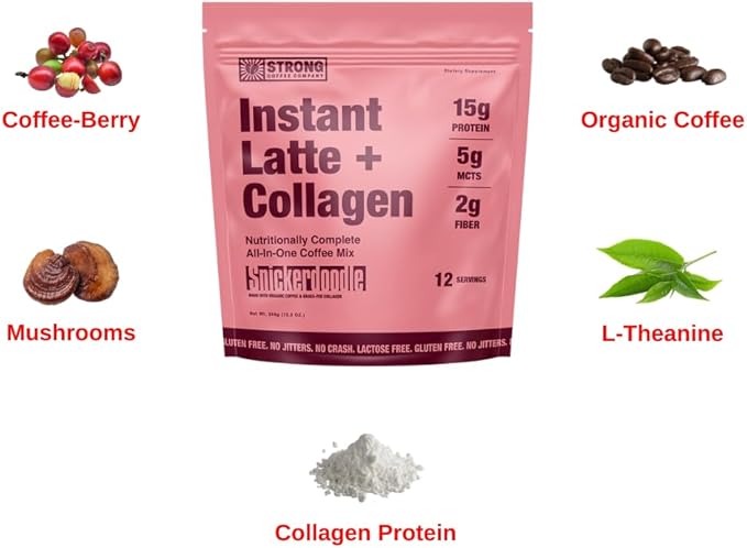 Strong Coffee Co. Snickerdoodle Instant Latte | Organic Coffee with 15g Collagen Protein | Lion’s Mane & L-Theanine | Nootropic Instant Coffee | 12 Servings