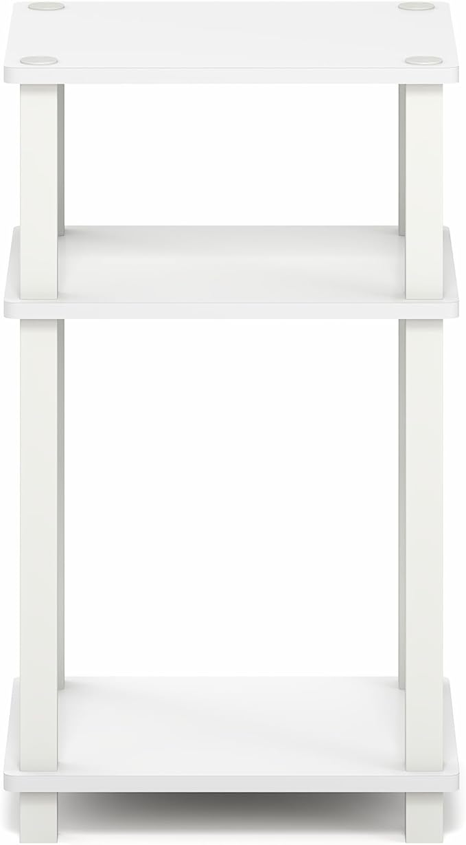 Furinno JUST Side Table, 3-Tier Open Shelf End Table, Toolless Assembly Night Stand, Bedside Table with Square Tube, for Living Room, Bedroom, White