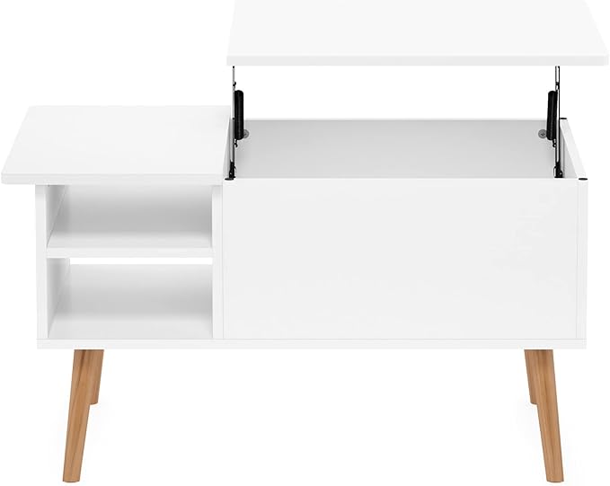 Furinno Jensen Living Room Wooden Leg Lift Top Coffee Table With Hidden Compartment and Side Open Storage Shelf, Solid White