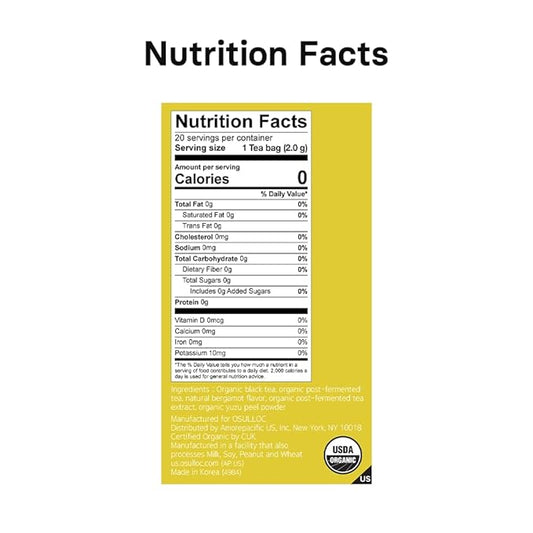 OSULLOC Yuja Earl Grey (Natural bergamot flavor, Yuju), USDA Organic, Premium Teabags from Jeju Island, 20 count, 1.41 oz, 40g