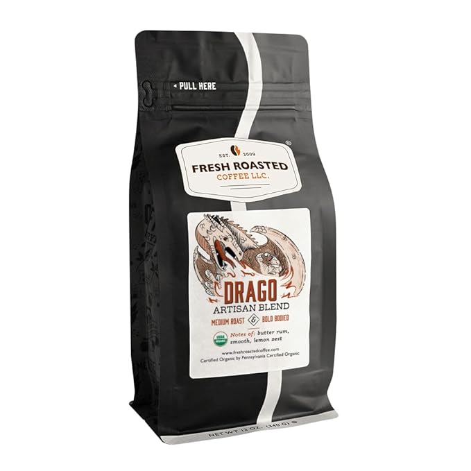 Fresh Roasted Coffee, Organic Drago Café Blend | USDA Organic, Kosher | Medium Roast 12 oz Whole Bean