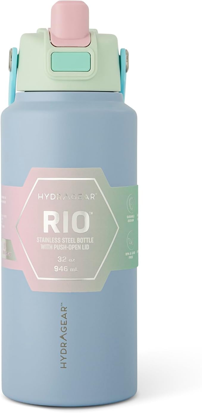 Hydragear RIO Stainless Steel Water Bottle – 32 oz (946 ml) – Double-Wall Vacuum Insulated with Push-Open Lid – BPA-Free - Crocus