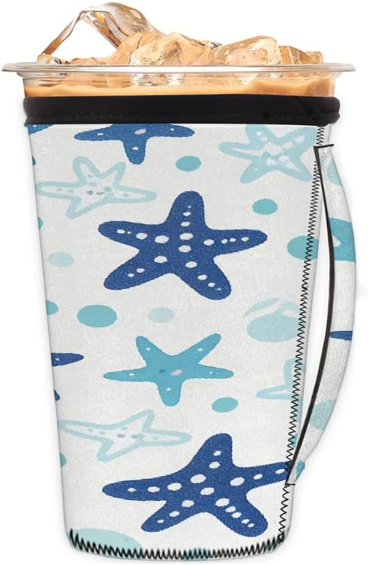 Blue Starfish Reusable Coffee Sleeves Iced Coffee Cozy Insulator, Summer Neoprene Holder with Handle for Cold Coffee or Ice Drink, Small 16-18oz