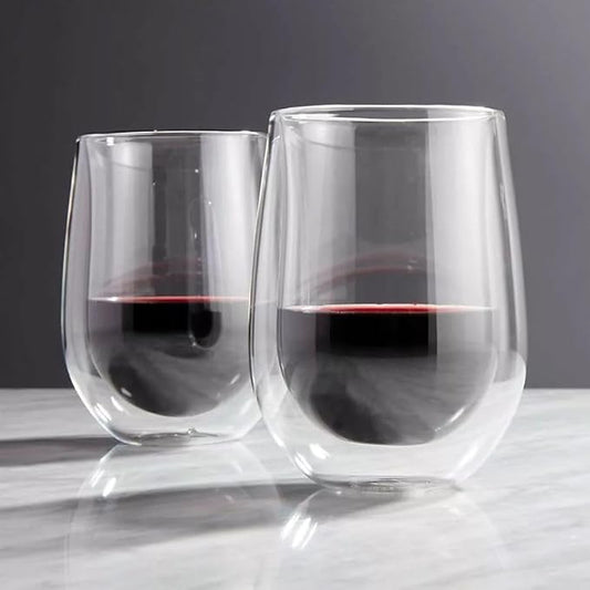 Set of 2 Double Wall Insulated Glass Hand Blown Stemless Wine Glass Coffee Mug Tea Glass