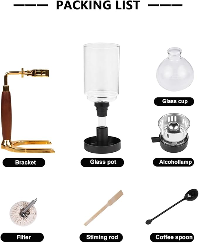 WANLWH Siphon coffee machine, Vacuum coffee maker, Japanese siphon coffee maker, Manual coffee brewer, Coffee maker for camping (Wood Color & Gold Base, 5 Cups(600ml))