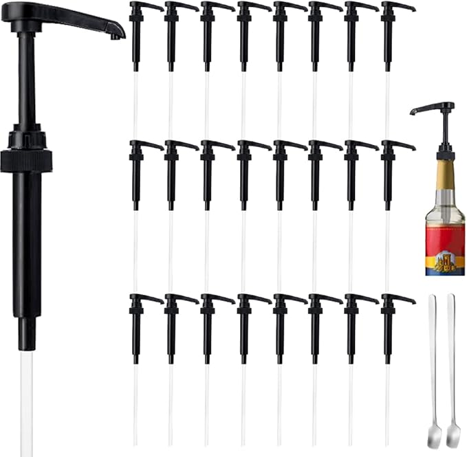 24 Packs Black Coffee Syrup Pump Dispenser, Compatible with 25.4 Oz/750ml Bottles, Great for Home & Coffee Bar Drinking Mixes, Tea, Beverage, Cocktails, Plus Spoons(5.23")