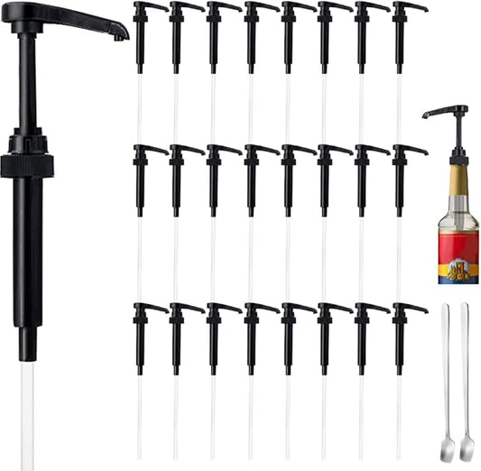 24 Packs Black Coffee Syrup Pump Dispenser, Compatible with 25.4 Oz/750ml Bottles, Great for Home & Coffee Bar Drinking Mixes, Tea, Beverage, Cocktails, Plus Spoons(5.23")