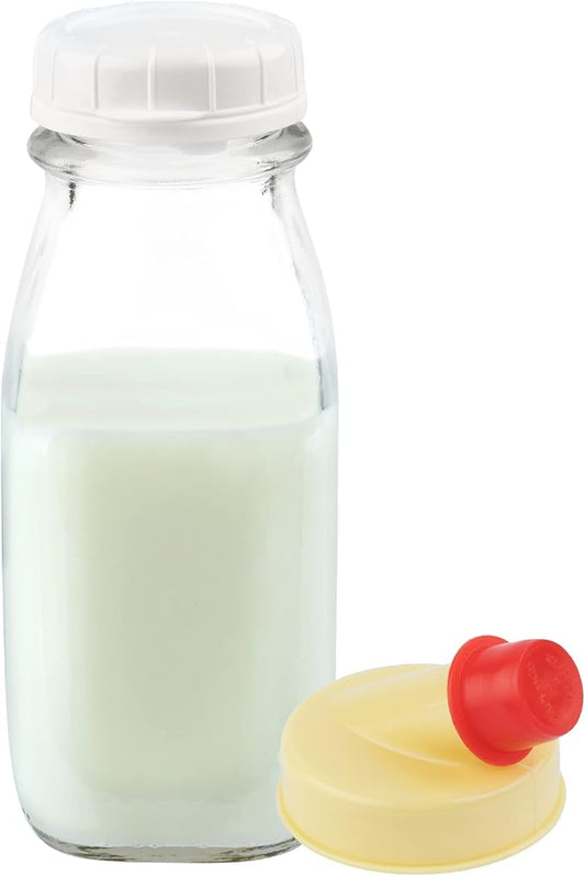 kitchentoolz Glass Creamer Bottle 12 Oz Square Glass Milk Bottle with Lids- Glass Bottles with Lids - Milk Container for Refrigerator - 12 Ounce Milk Bottle with Lid and Pour Spout