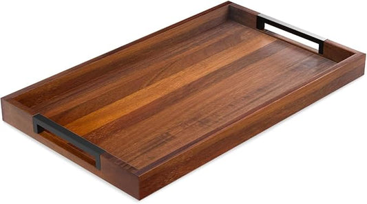 Acacia Wood Serving Tray with Handles 16.5"x12" with 2 Silicone Mats – Large Decorative Wooden Ottoman & Coffee Table Tray for Breakfast in Bed, Dinner, Kitchen, Bar, Home Décor & Party Serving