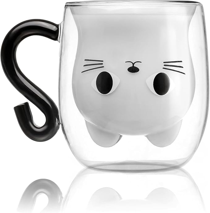 Cat Mugs, Double Wall Glass Cute Coffee Tea Cup, Graduation Valentines Mothers Day Easter Halloween Christmas Gifts for Women Wife Mum Her Girl Teacher Friend, Birthday Present Idea