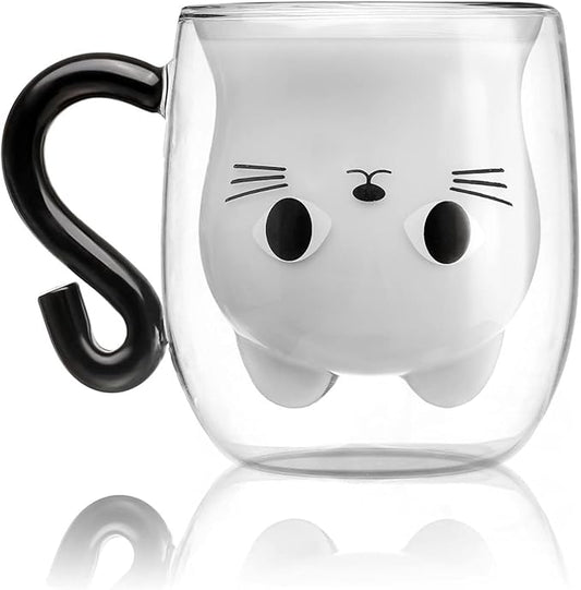 Cat Mugs, Double Wall Glass Cute Coffee Tea Cup, Graduation Valentines Mothers Day Easter Halloween Christmas Gifts for Women Wife Mum Her Girl Teacher Friend, Birthday Present Idea