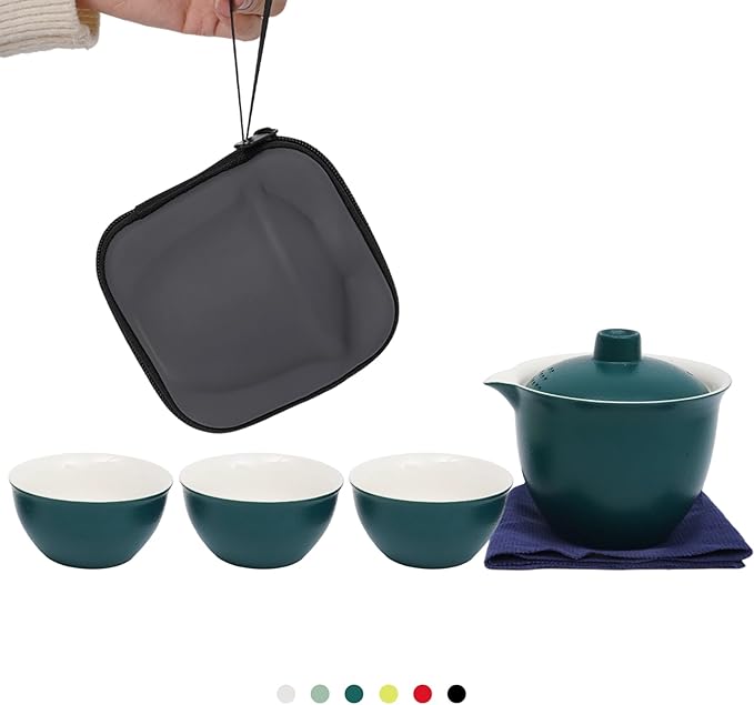 Porcelain Chinese Gongfu Tea Sets for Adults Portable Kungfu Teapot and Cup Set Small Ceramic Tea Party Set Travel Teaset with Lid for Home Gifting Outdoor and Office (Green)