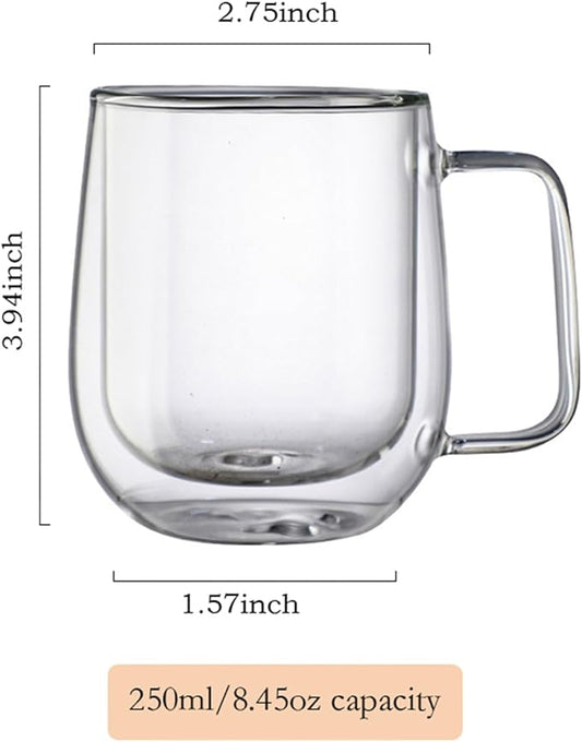 Double Wall Glass Coffee Mugs with handle - 8.45 oz Insulated Clear Coffee Mugs Set of 2, Perfect for Espresso, Cappuccino, Latte, Americano, Tea Bag, Beverage (250ml/8.45,set of 2)