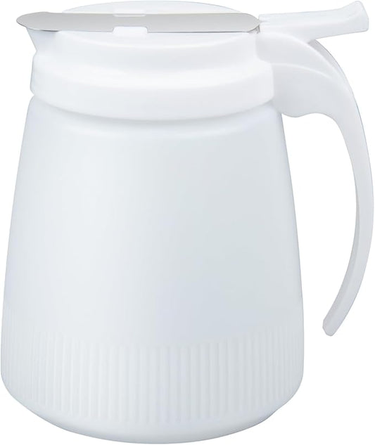 Restaurantware-Chef 101 32 Ounce All Purpose Syrup Dispensers, 10 Honey Dispensers - White Top, Stainless Steel Slide Cover, Plastic Pancake Syrup Bottle, Perfect For Diners, Restaurants, Home