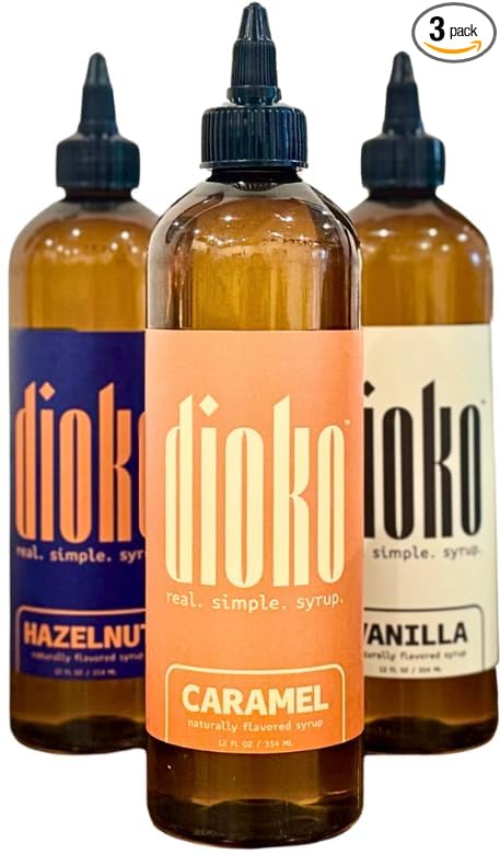 Dioko Flavors Coffee Syrup Variety Pack, Vanilla Hazelnut Caramel, 12 Fl Oz Each, 3 Pack, Liquid Form