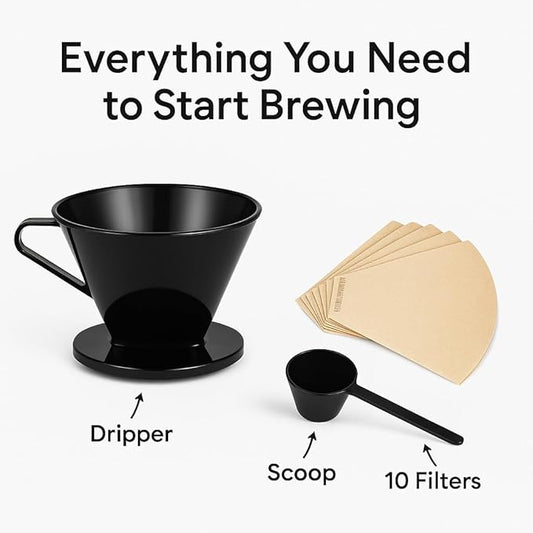 Single Cup Pour Over Coffee Dripper with Scoop & 10 Filters – #2 Cone Style Manual Brewer, BPA-Free Plastic, Portable Dishwasher Safe Coffee Maker
