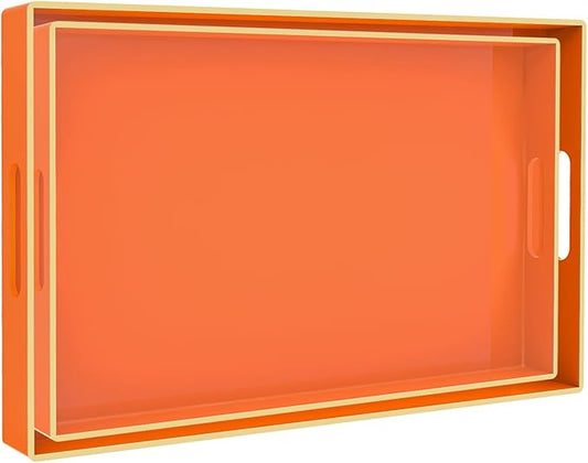 MAONAME Orange Serving Trays Set of 2, Plastic Decorative Trays with Handles, Rectangular Coffee Table Tray for Ottoman, Nesting Tray for Living Room, Bedroom