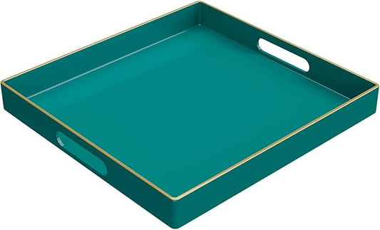 MAONAME Decorative Tray, Green Serving Tray with Handles, Coffee Table Trays, Square Plastic Trays for Ottoman, Bathroom, Kitchen, 13" x 13" x 1.57"