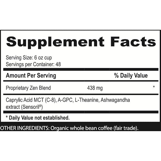 Brain Bean Zen-Blend Organic Coffee Whole Bean with Caprylic Acid MCT (C-8), A-GPC, L-Theanine & Ashwagandha Extract - Premium Grade Organic Coffee Beans for Focus & Calm Support -16 Oz (3-Pack)