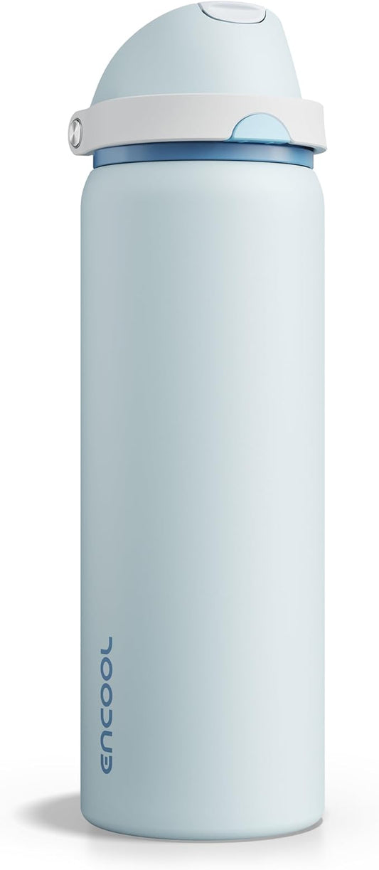 Insulated Water Bottle with Straw - Encool Stainless Steel Water Bottle with Push Button Lid, Leak-Proof & BPA-Free, Keeps Cold for 24 Hours for Sports, Travel, Gym (32 oz, Jungle Mist)