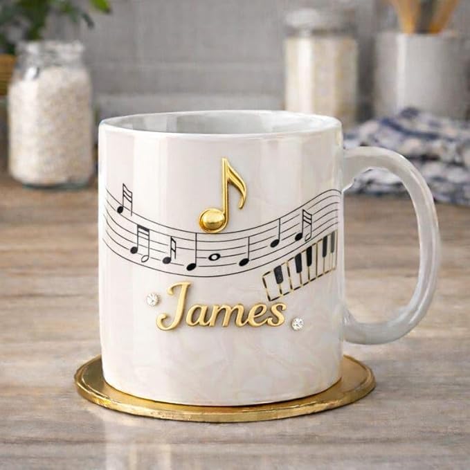 Personalized Music Coffee Mug Custom Name Ceramic Cup, Elegant Piano Note Minimalist Design Mug, Stylish Gift for Music Lover from Family, Artistic Home Decor Cup, Birthday Holiday Gift