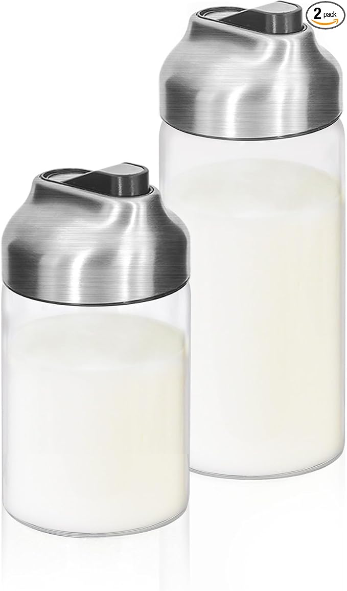 Aelga Glass Coffee Creamer Container Set, Creamer Pitcher 7oz + 12oz Glass Dispenser Container Set for Creamer, Milk and Spices, Coffee Bar Accessories, Pack of 2