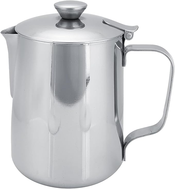 Stainless Steel Pitcher with Lid, 600ml Stainless Steel Milk Frothing Pitcher Coffee Latte Frothing Art Jug Pitcher Mug Cup for Latte Coffee Art for Office Kitchen