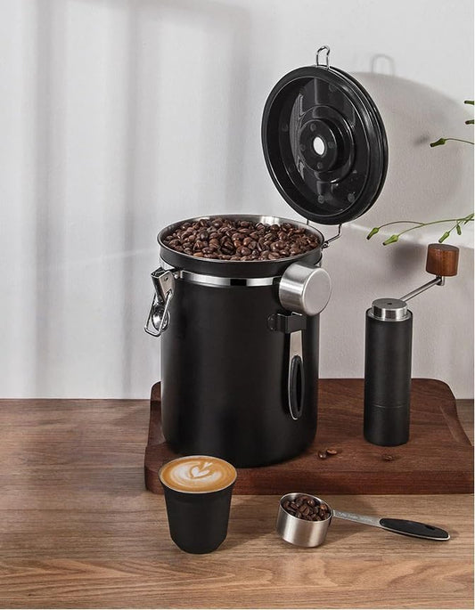 Coffee Airtight Canister, 60 fl oz Black Stainless Steel, Pantry & Storage for Coffee Beans, Rice, Tea, Sugar, Cereal, Flour