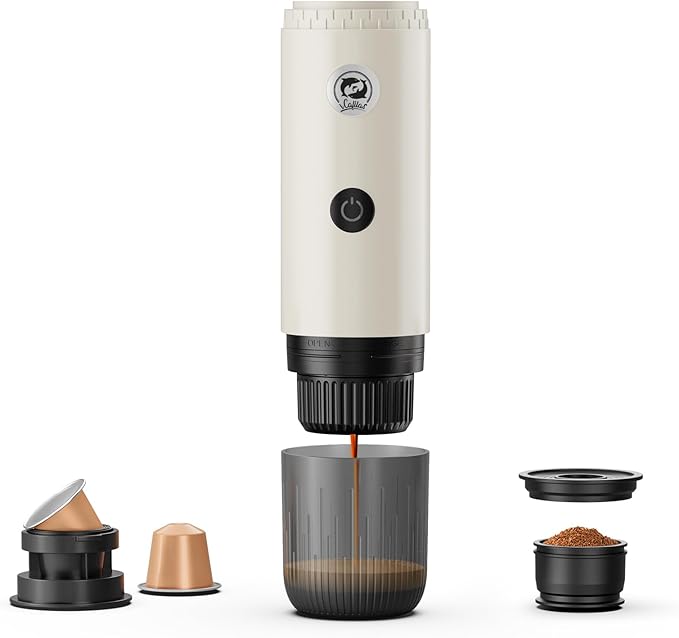 Portable Espresso Maker with Self Heating, 19 Bar Electric Travel Coffee Maker for Camping&Car, 2-in-1 Mini Espresso Machine Compatible with Nespresso Capsules & Ground Coffee, 7800mAh Battery, White