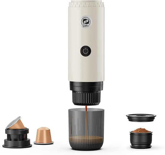 Portable Espresso Maker with Self Heating, 19 Bar Electric Travel Coffee Maker for Camping&Car, 2-in-1 Mini Espresso Machine Compatible with Nespresso Capsules & Ground Coffee, 7800mAh Battery, White