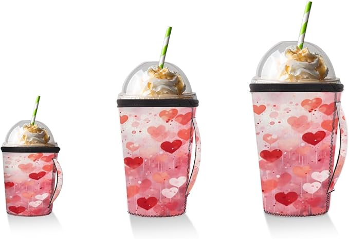 Valentine's Day Hearts Reusable Coffee Sleeves Iced Coffee Cozy Insulator,Love Dream Neoprene Holder with Handle for Cold Coffee or Ice Drink, Large 30-32oz